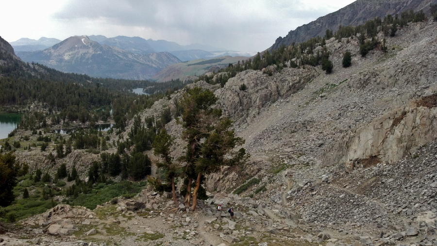 Marc and Trudy (lower center) head down quickly from Duck Pass.