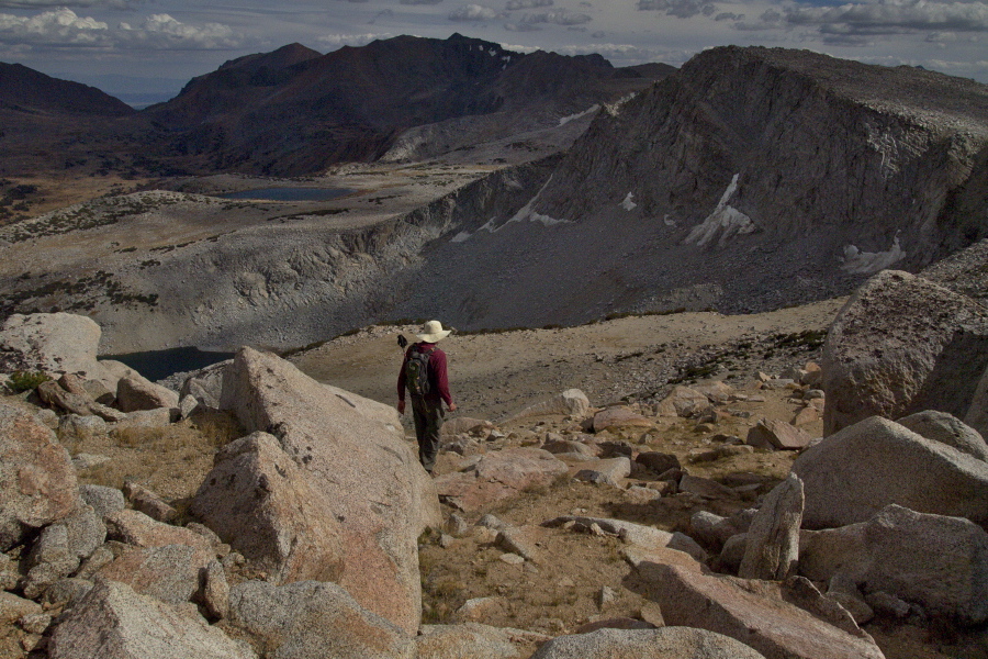 Bill starts down from Mammoth Peak, looking for the most walkable route.