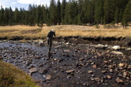 Bill crosses Parker Pass Creek on tippy stones.