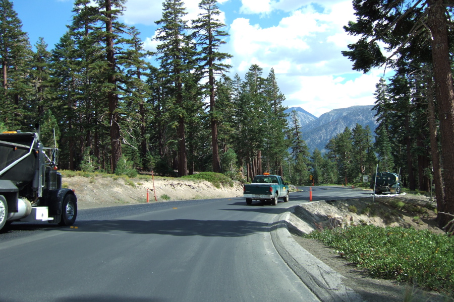 Following the pilot car down the hill through the construction zone.