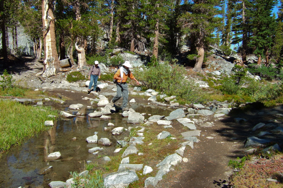 Frank and Stella cross a stream.