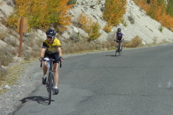 Two riders descend from the top.