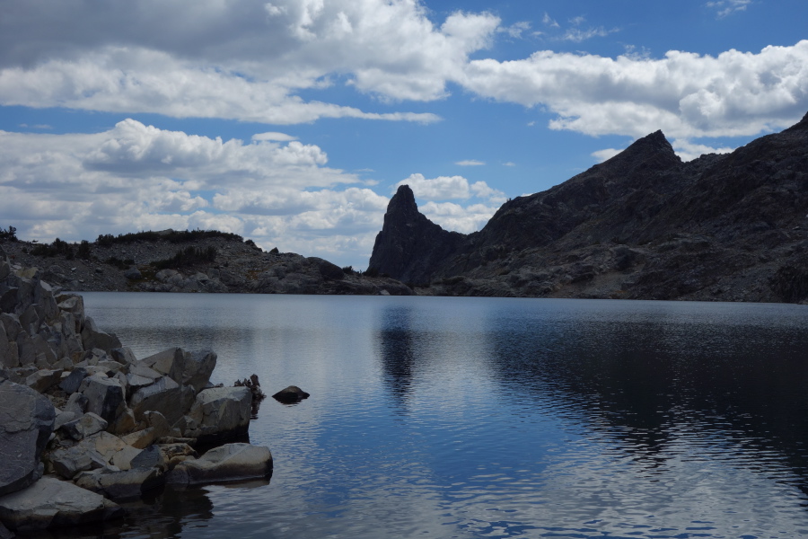 Riegelhuth Minaret juts toward the sky above the southern outlet of Cecile Lake