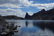 Riegelhuth Minaret juts toward the sky above the southern outlet of Cecile Lake