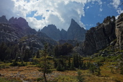 View of The Minarets from the northwestern shore of Minaret Lake