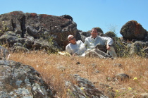 David and Bill take shelter out of the wind.
