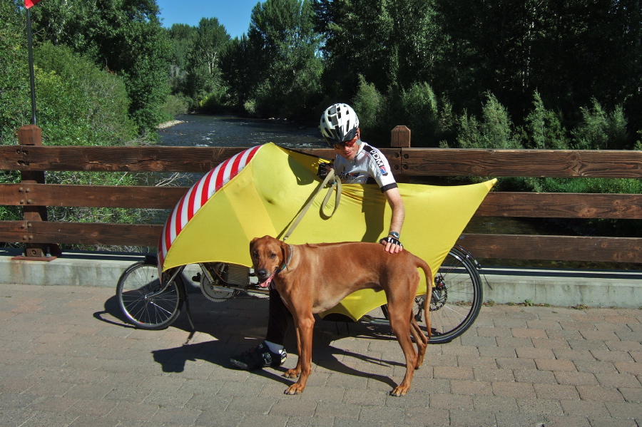 Bill and Kumba at the bridge over the Big Wood River at the River Run Day Lodge.