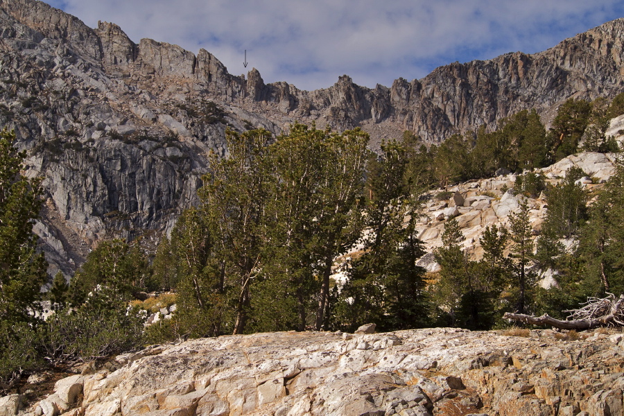 Our route through the seemingly impenetrable south ridge of Mt. Conness comes into view (indicated by the arrow).