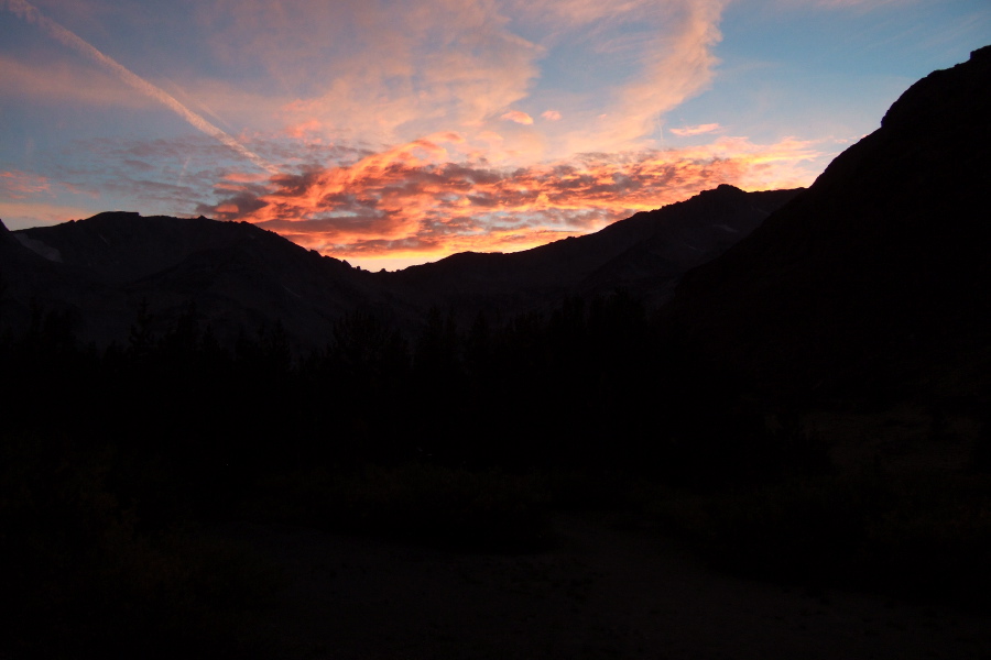 A brilliant sunset against the clouds over the south ridge of Conness, a fitting way to end the hike.