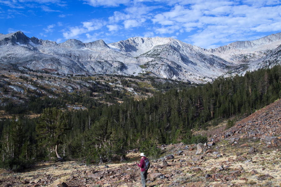Bill picks his way down into Hall Valley.