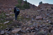 Stella and Bill climb back up the clinkers to Saddlebag Lake.