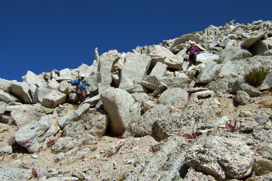 Frank and Stella scramble down.