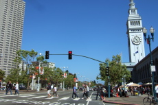 The Embarcadero is crowded near the Ferry Building