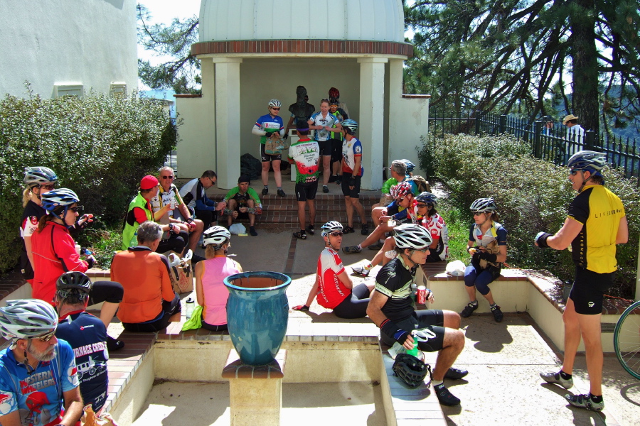 Riders eat lunch on the observatory patio.