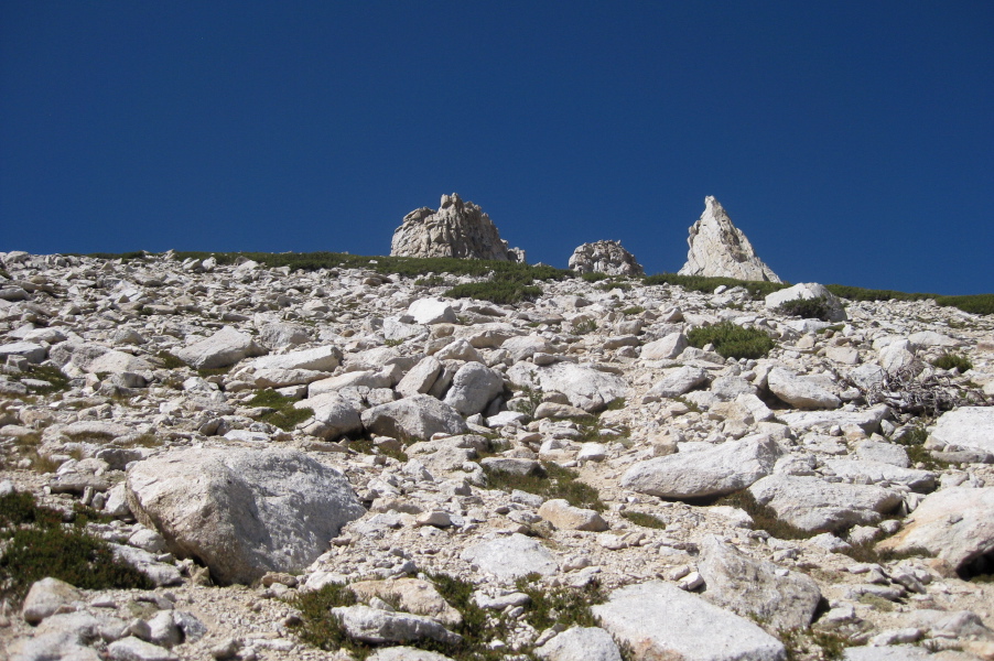 View up to the gendarmes on the southeast slope of North Peak.