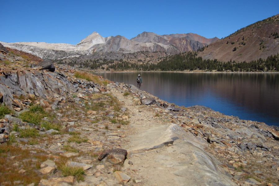 Bill marches on ahead along the west shore of Saddlebag lake.