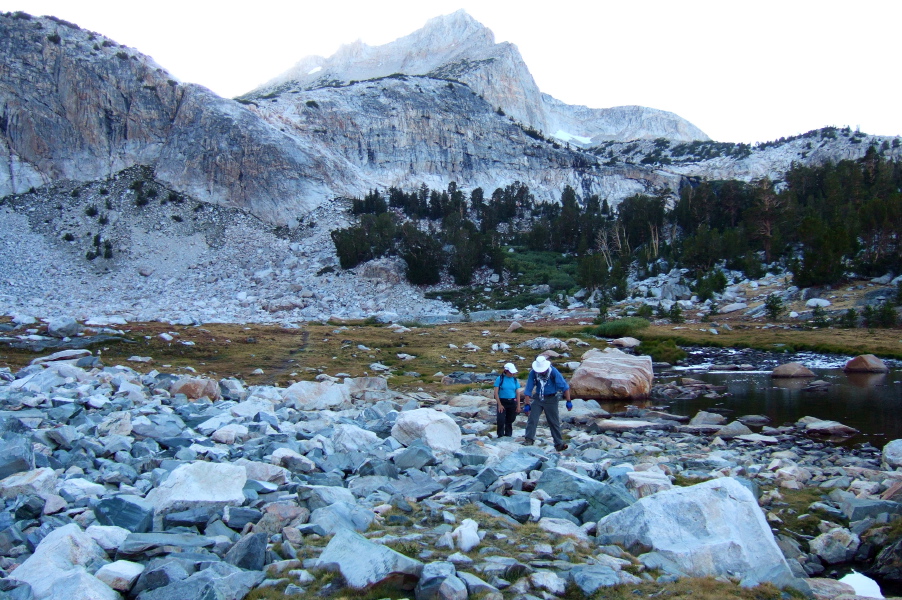 Stella and Frank pick their way along Greenstone Lake.