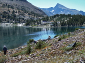 Frank, Stella, and David start out on the trail alongside Saddlebag Lake.