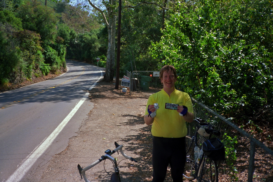 Chris shows off energy food on Silverado Canyon Rd.