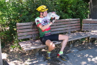 Zach resting and rehydrating in the shade of the Triangle Park, Portola Valley