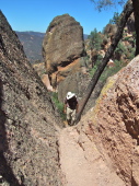 David climbs up between two rocks.