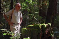 David stands next to another tree stump covered with moss.