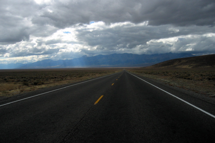 Heading toward a cloud enshrouded Toiyabe Peak (10,793ft) on US50.