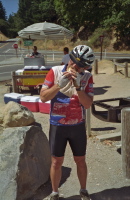 Ron Scarfs down a hot dog at Saratoga Gap.
