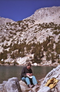 Bill fixes the drawstring on his hat at Ruby Lake.