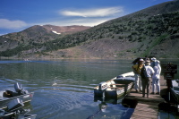 Preparing to take the water taxi across Saddlebag Lake.