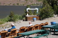 David rests at the Saddlebag Lake Resort while waiting for the water taxi (10080ft)