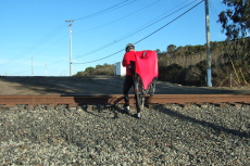 Ron carries his bike over the UP main line through Castroville.