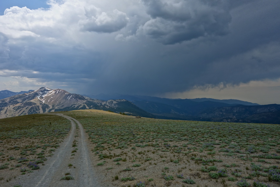 Mammoth Mountain and storm clouds from San Joaquin Ridge