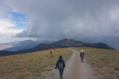 The cloud behind Mammoth Mountain is producing lightning strikes on Mammoth Crest.