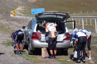 Refilling water bottles.