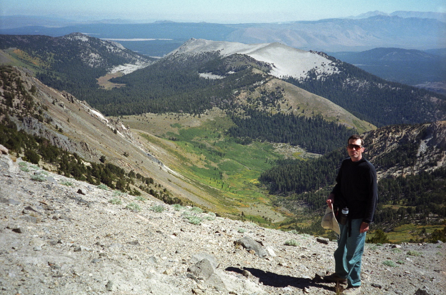 Bill on San Joaquin Ridge over Deadman Creek and White Wing Mountain.