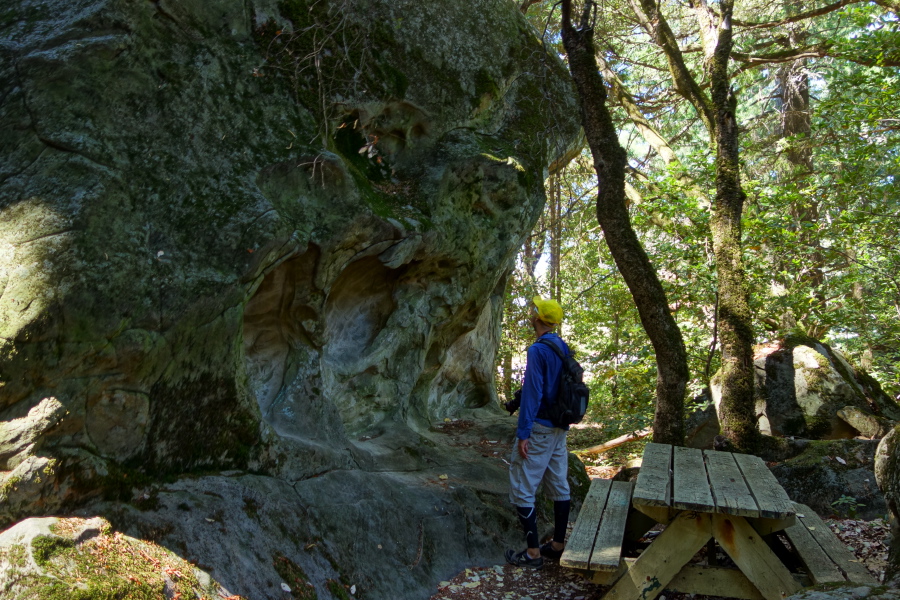 Bogdan inspects a wave of sandstone about to crash over the picnic table.