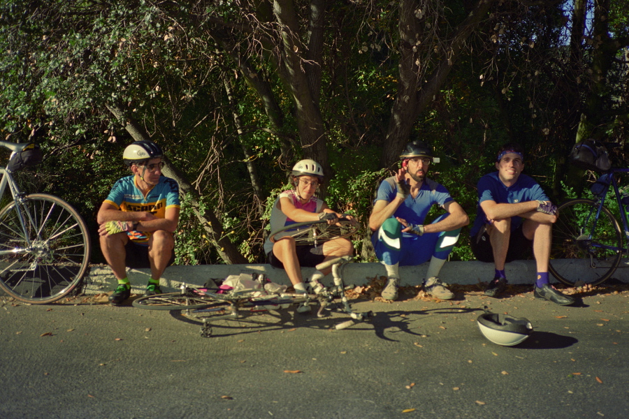 Stella fixes a flat on CA17 just before the plunge into the narrows at The Cats.