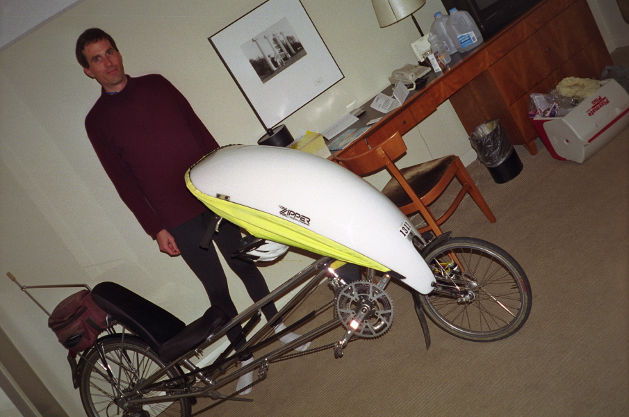 Bill in our hotel room at the Edmund Meany, preparing to depart.