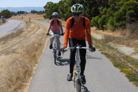 Noriko (l) and Zach on the trail at Shoreline Park. (1)