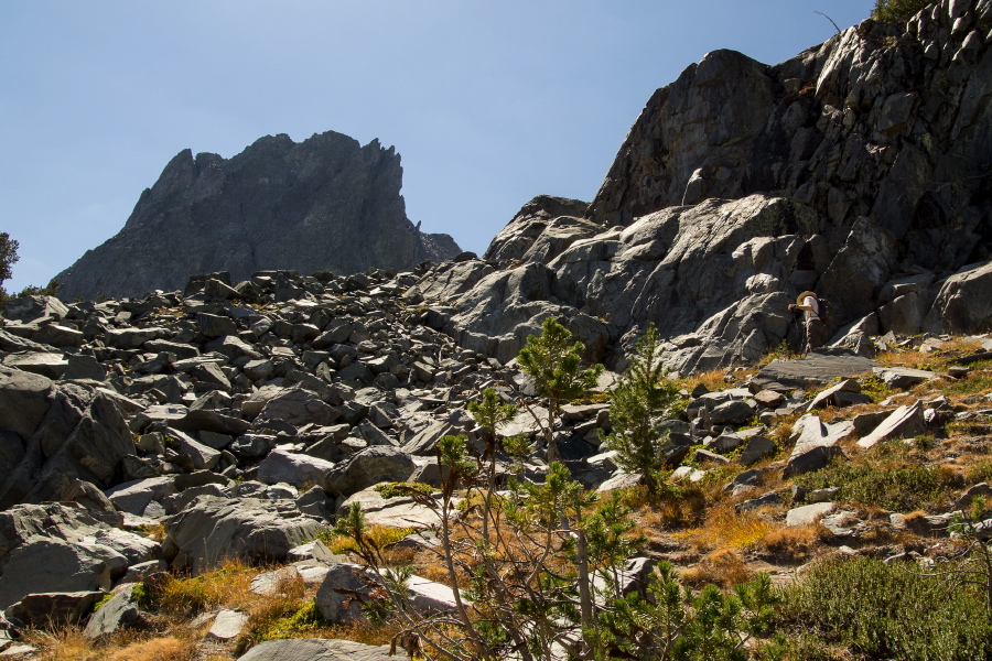 Bill ventures into the talus below Mammoth Crest.