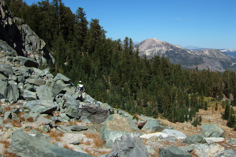 Frank and Stella cross the talus above Sky Meadows.