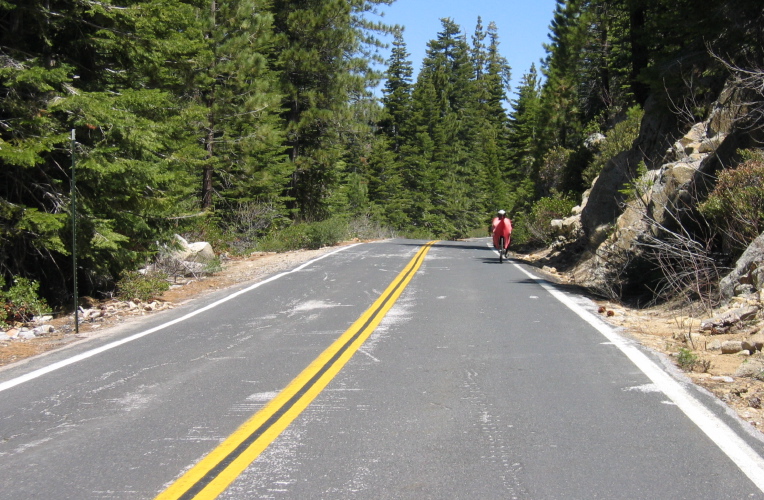 Ron climbs Tioga Rd. toward White Wolf (1). (7100ft)