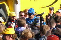 George Hincapie takes his bike to be weighed.