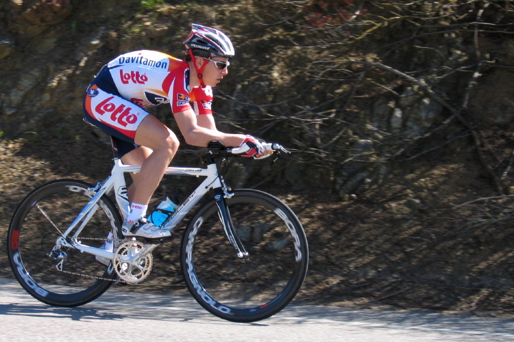 A Lotto rider crests Bailey Rd.