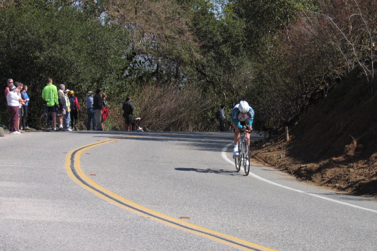 Health Net rider without motor escort at the top of Bailey Rd.