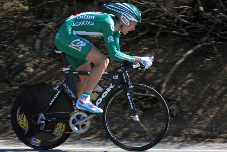 A Credit Agricole rider crests Bailey Rd.