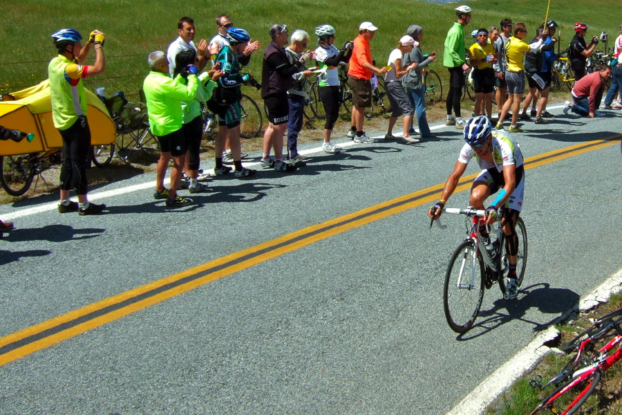 A rider from Team Type 1 with a thoroughly taped left leg.