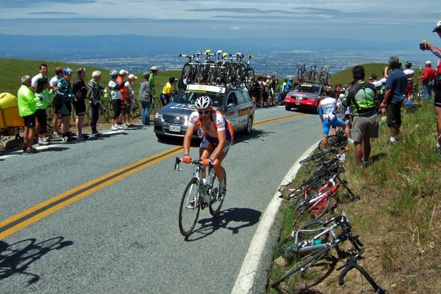 A Rabobank rider back in the caravan.