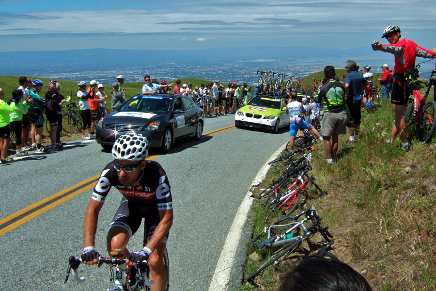 A Team Cervélo rider in the caravan.